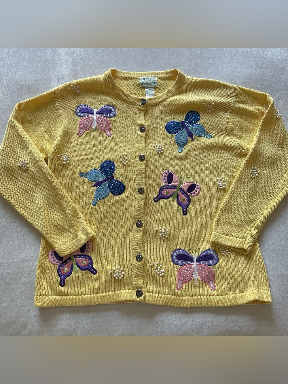 vintage cotton/ramie yellow butterfly cardigan / sz large